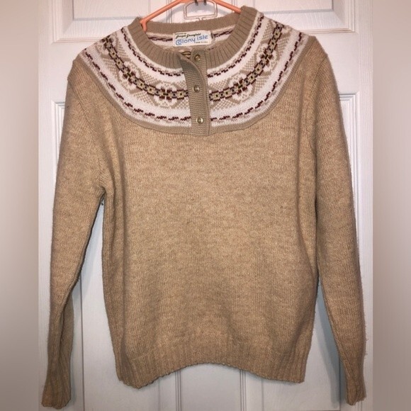 Vintage Sz M Fair Isle Tan Crew Neck Wool Blend Sweater Colony Isle Nordic - Picture 1 of 8